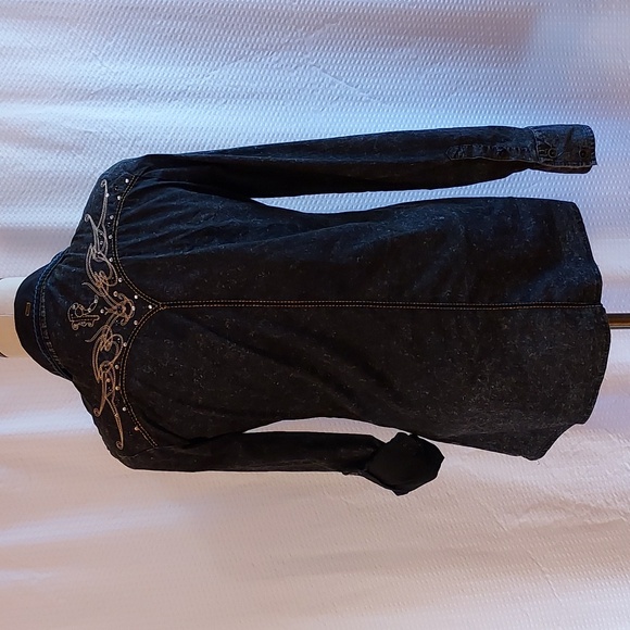 Roar Women's Shirt Blouse Acid Wash Black Embroidery Bling Buttoned West… - Picture 5 of 16